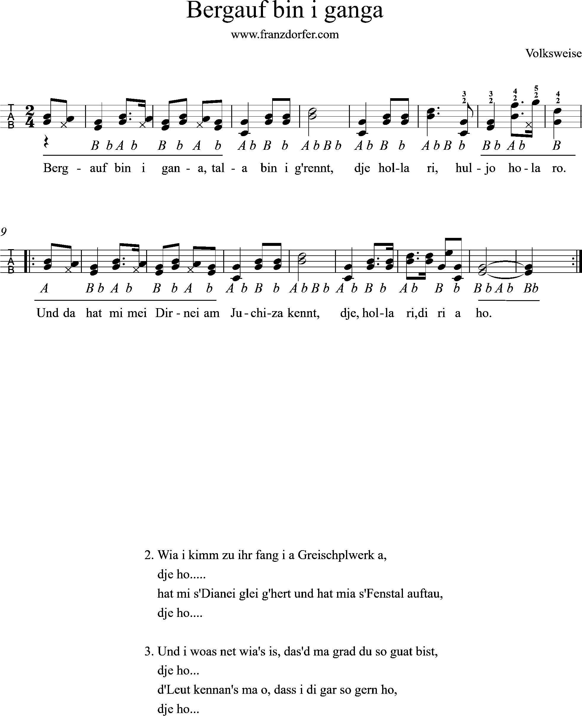 Steirische harmonika, Bergauf bin i ganga, Ziachnoten griffschrift, bergauf bin i ganga